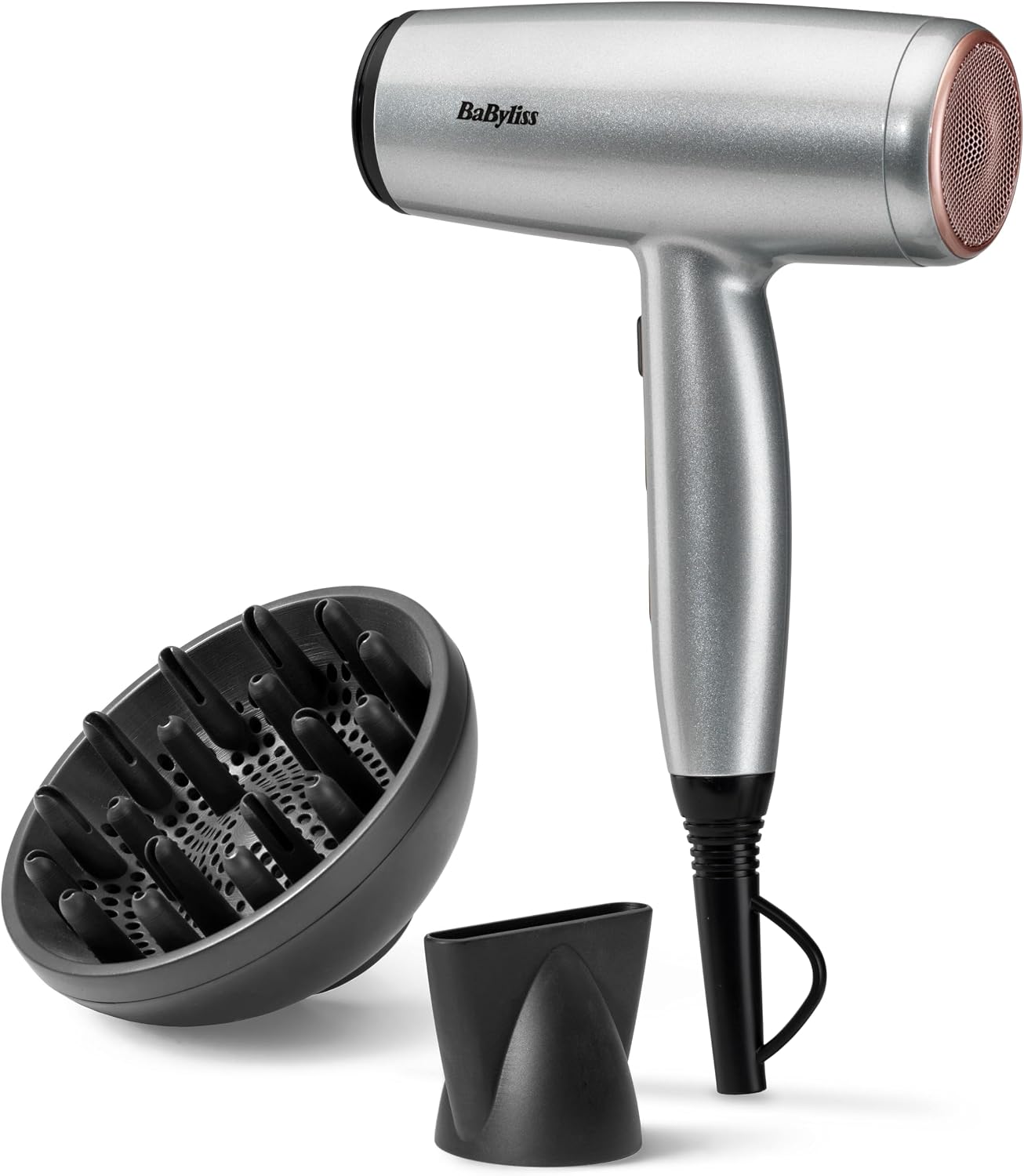 BaByliss Cosmos Compact Lightweight Hair Dryer - 2100W Powerful Sleek Blow Dryer, Diffuser, Ionic Frizz-Free Conditioning, 3 Heat & 2 Speed Settings, Silver, D580DU