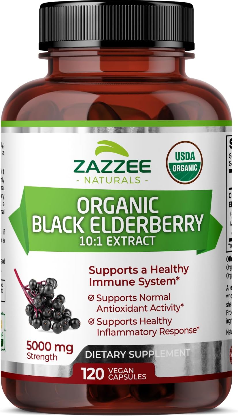 Zazzee USDA Organic Black Elderberry 10:1 Extract, 5000 mg Strength, 120 Vegan Capsules, 2 Month Supply, Standardized, Concentrated 10X Extract, 100% Vegetarian, All-Natural, Non-GMO, Made in The USA