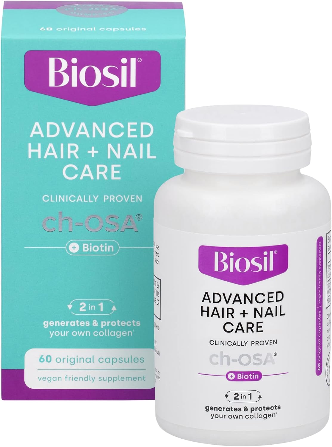 Biosil Advanced Hair + Nail Care - 60 Capsules - Grow, Strengthen & Thicken Hair and Nails - with Patented ch-OSA & Biotin - 30-Day Supply