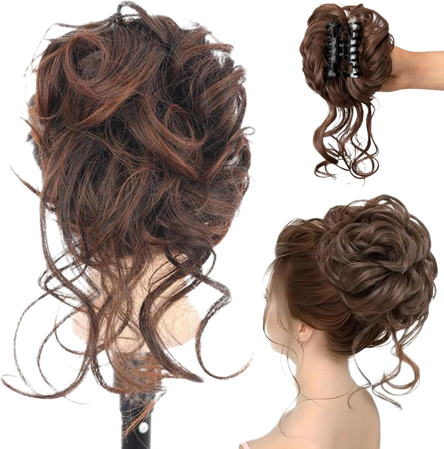 ChengJin Claw Messy Bun Hair Pieces, Curly Human Hair Bun Clip, Light Brown (#534036)