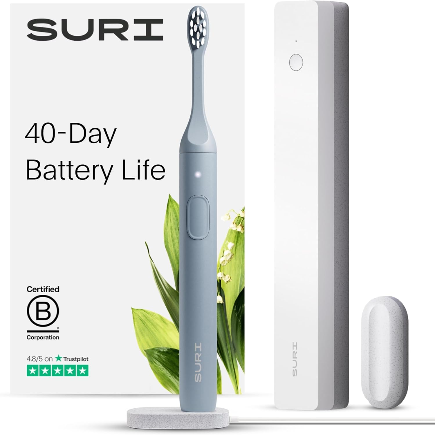 SURI Electric Toothbrush - Award-Winning Sustainable Electric Toothbrushes Adults, Slim Sonic Toothbrush & Accessories, 40+ Day Battery, Travel Toothbrush with UV Cleaning Case. Certified B Corp, Blue