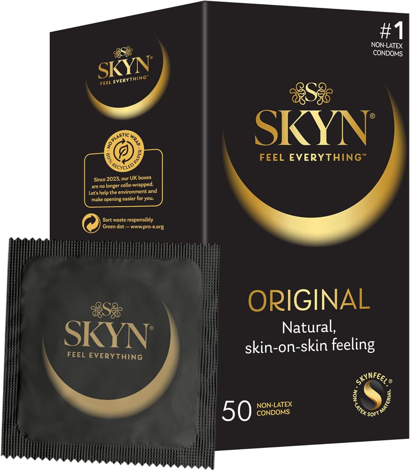 SKYN Original Condoms Pack of 50 - Skynfeel Latex Free for Men, Regular Size, Strong & Thin, Smooth Straight Shape, 53mm Wide