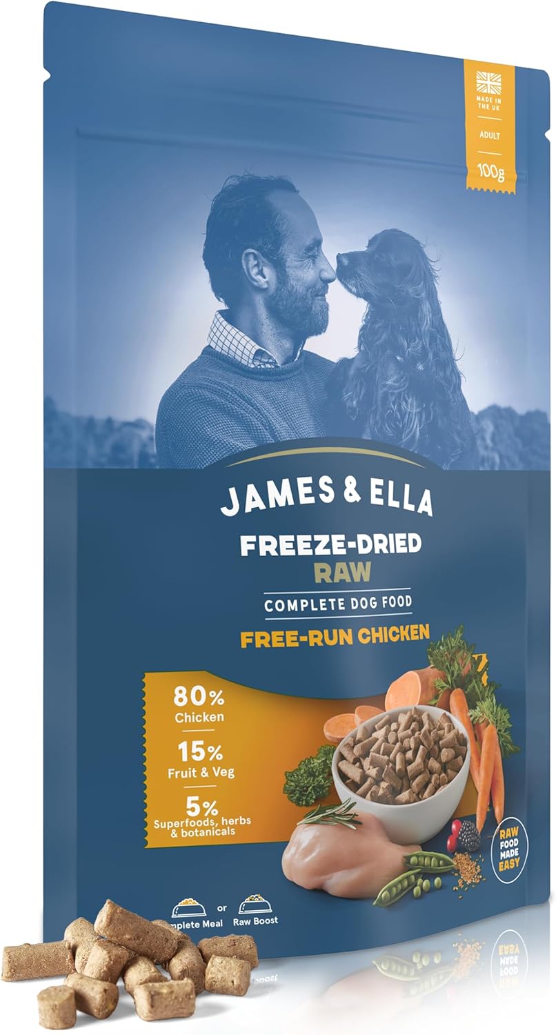 James & Ella Complete Freeze-Dried Raw Dog Food ❘ Free Run Chicken ❘ Freeze-Dried Dog Food Packed with Protein, Essential Oils & Minerals for Happy, Healthy Dogs, Lightweight & Gluten Free (100g)