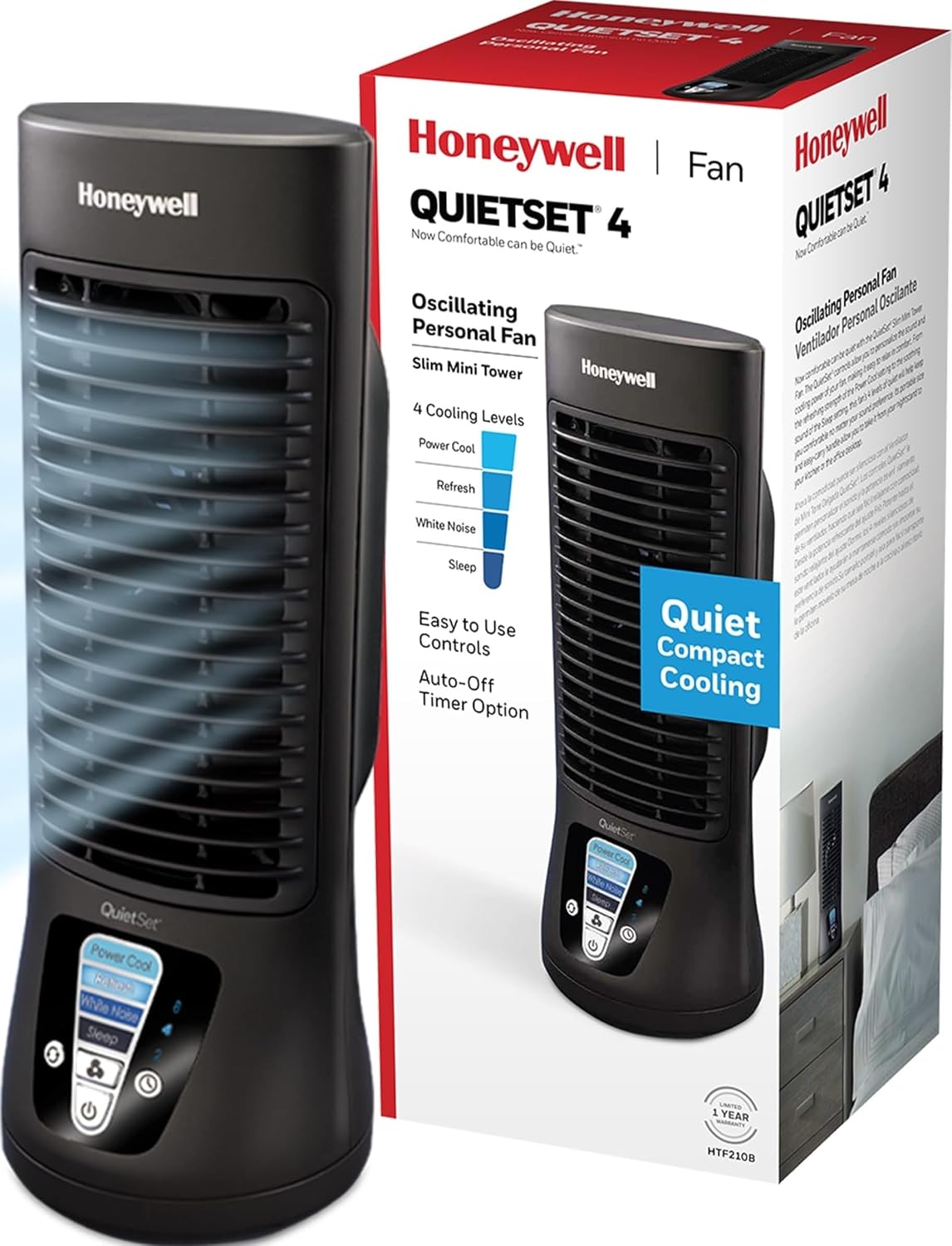 Honeywell QuietSet Personal Table Fan, Oscillating Personal Desk Fan For Bedroom with Quiet Operation, 4 Levels of Power and Sound, Black, HTF210B | Cooling comfort, mini fan for personal cooling, quiet operation, 4 sound/power levels, bedroom fans, portable indoor fan