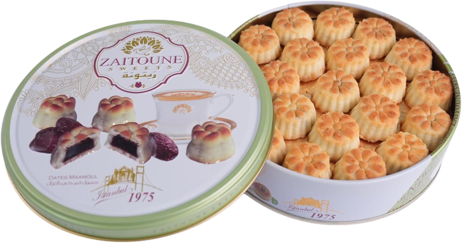 Zaitoune Date Maamoul - 250 g | Middle Eastern Buttery Date-Filled Biscuits in a Beautiful Gift Tin | Luxury Authentic Arabic Pastry with Dates | Traditional Recipe & Handmade in Turkey