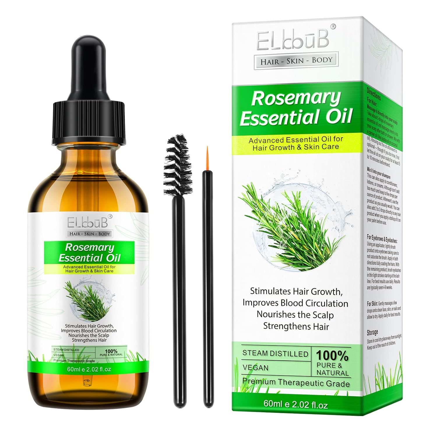 100% Pure Rosemary Essential Oil for Skin Care & Stimulates Hair Growth for Men Women -60ml, Nourishes The Scalp, , Versatile Usage for Eyebrow and Eyelash