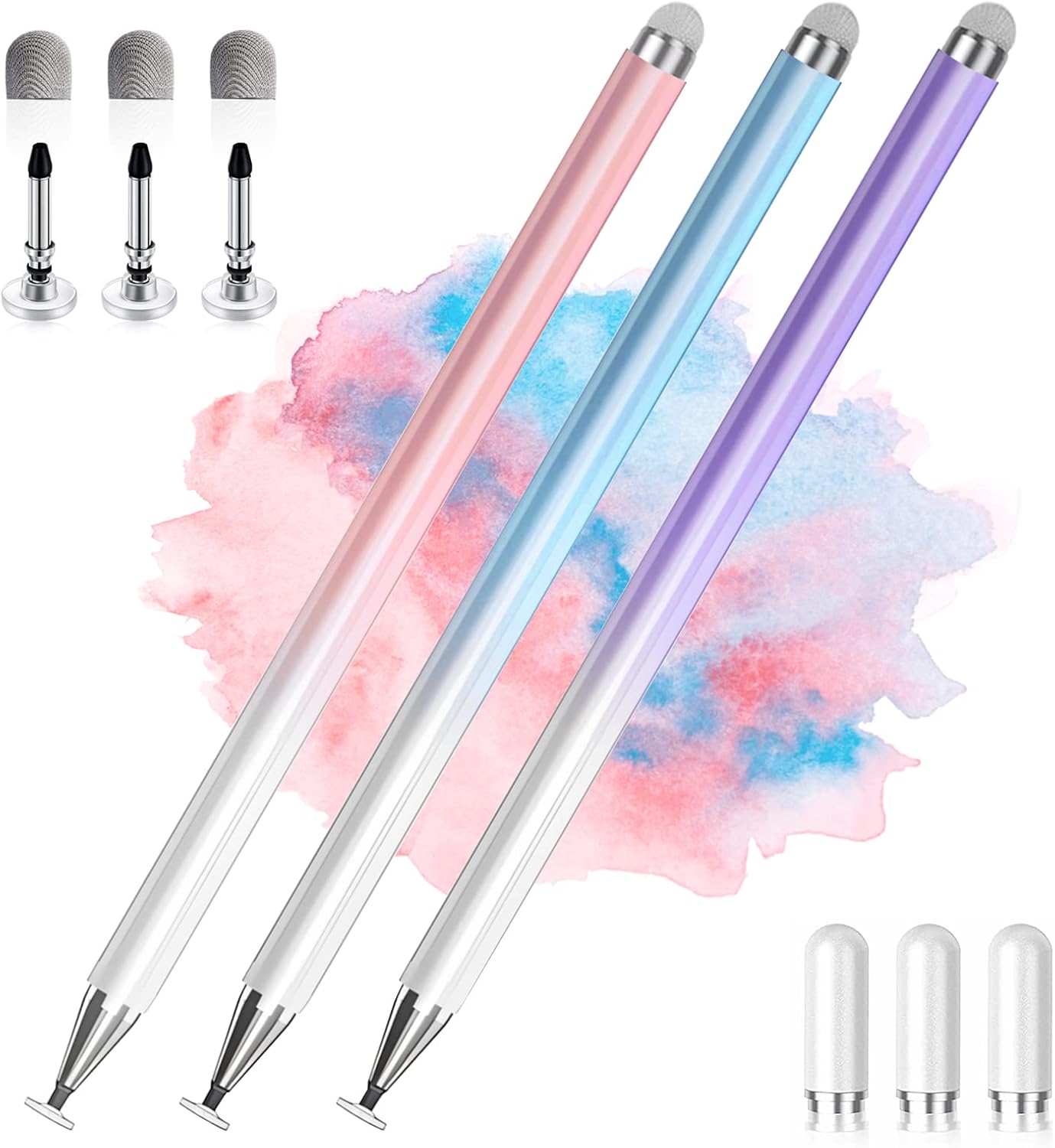 Stylus Pens for Touch Screens, 2 in 1 High Precision Universal Stylus Pen for iPad Compatible with Apple, iPhone, iPad, Android, Microsoft Tablets, Phones, 3 Pack - Blue, Pink, Purple