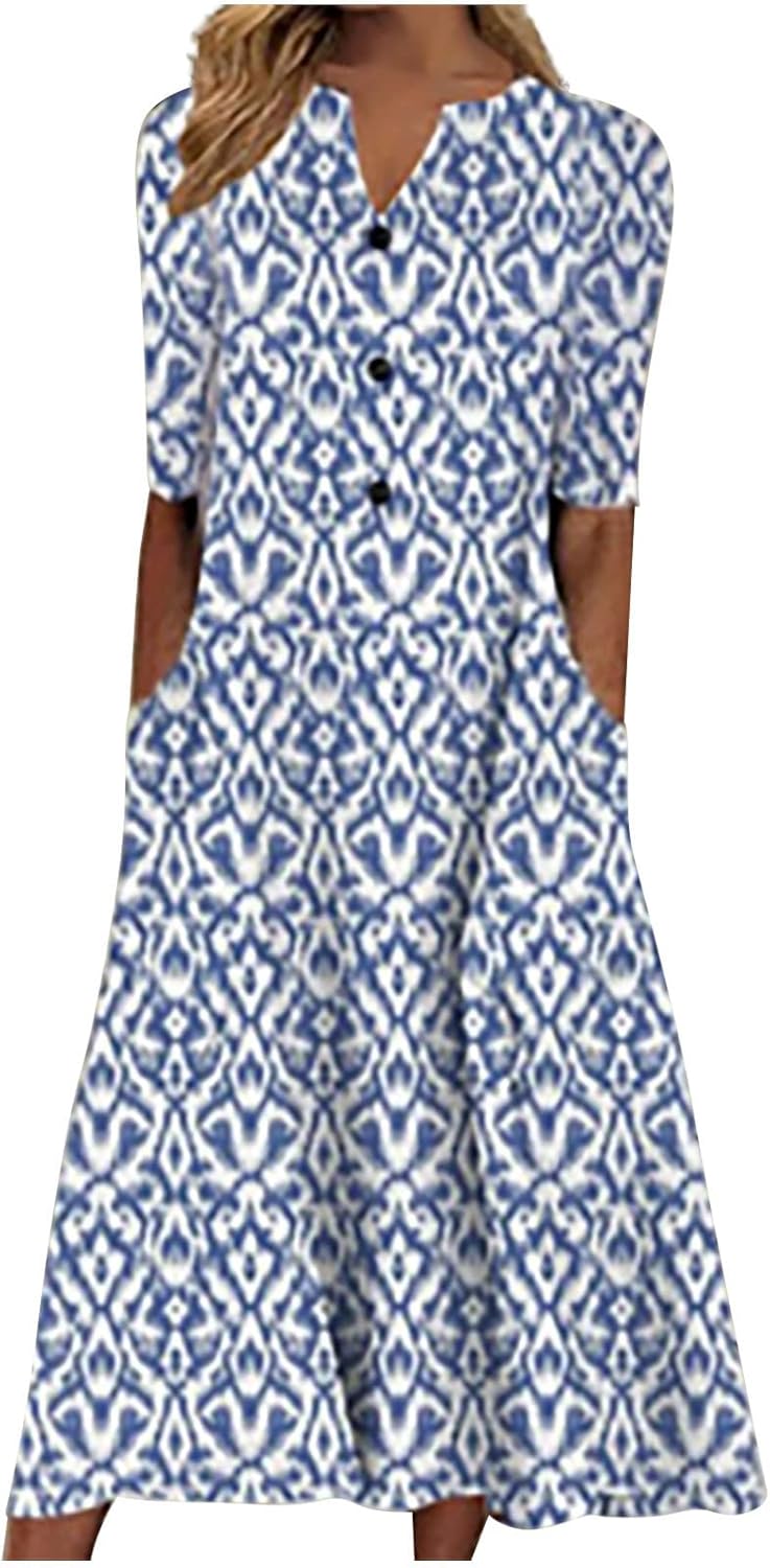 2024 Summer Midi Dresses for Women UK Retro Floral Print Women's Dress with Pockets Casual Short Sleeve Button Down Tshirt Dress Vintage Beach Vaation Elegant Sundress Maxi Dresses for Women