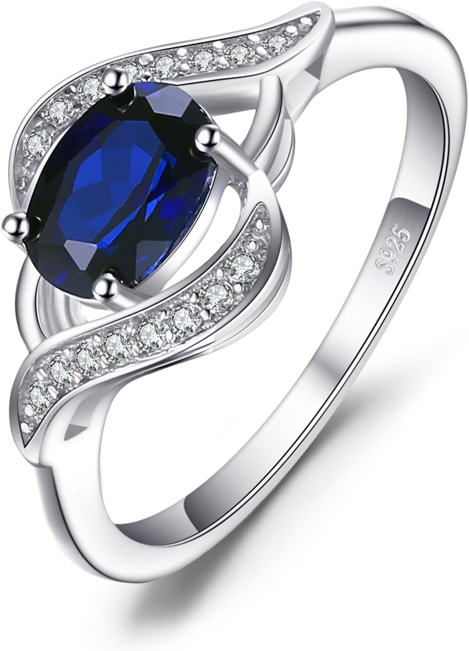 JewelryPalace 1ct Oval Created Blue Sapphire Rings for Women, 14K White Gold Plated 925 Sterling Silver Ring for Girl, Gemstone Jewellery Sets Promise Rings