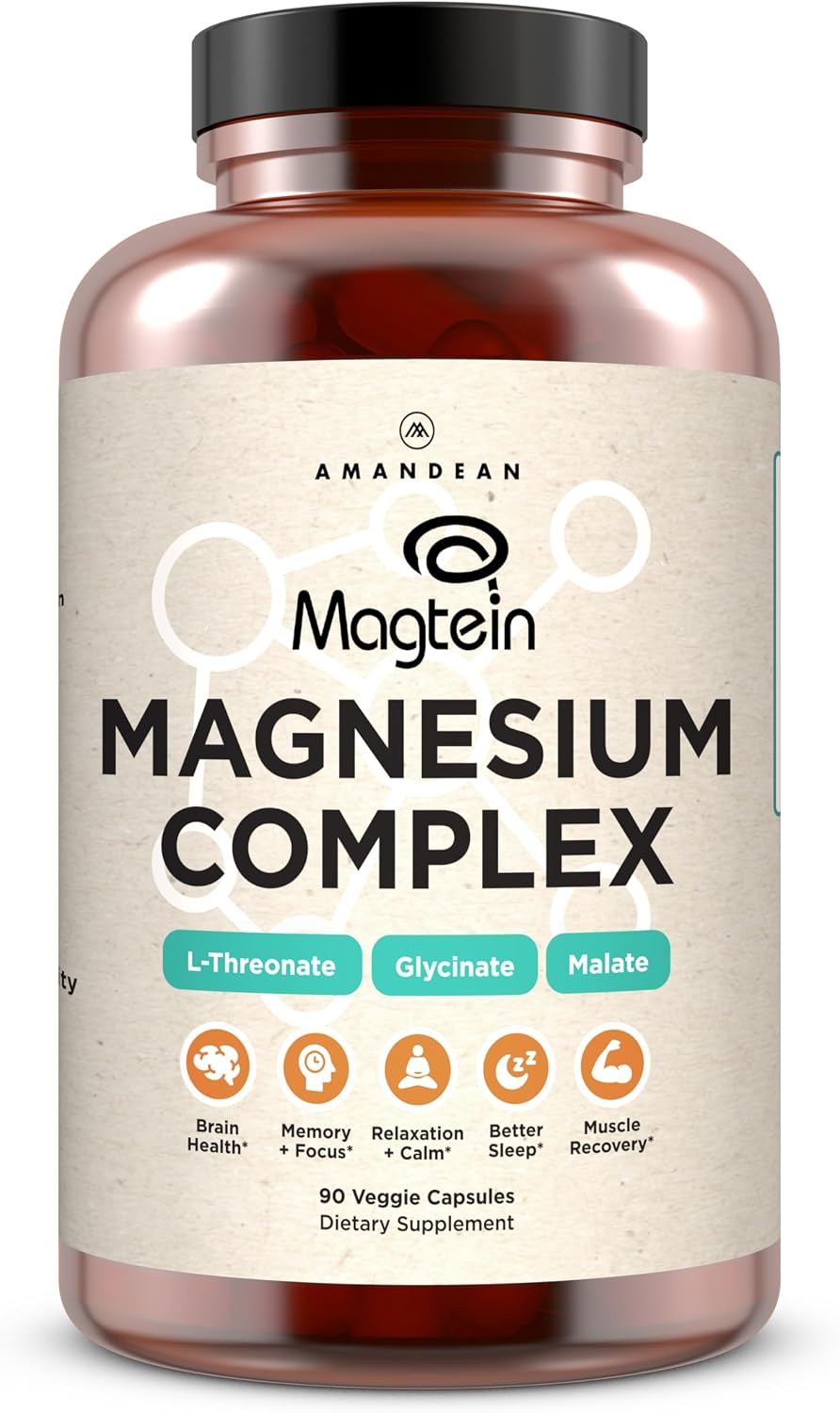 AMANDEAN Magtein Magnesium Complex. L-Threonate, Glycinate, Malate Triple Blend Chelated. No Magnesium Oxide. 90 Veggie Capsules. 30-Day Supply. Sleep, Brain Health & Stress Relief for Women & Men.