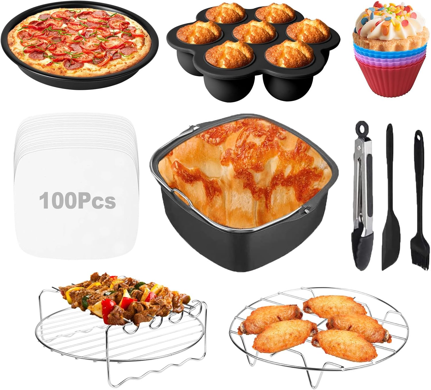 Air Fryer Accessories for Cosori, 10 Piece Square Accessories for COSORI 5.8 QT 6.0 QT, Instant Vortex Plus 6QT and Larger Air Fryers, Including Cake & Pizza Pan, Rack & Skewer, Egg Bite Mold, etc.