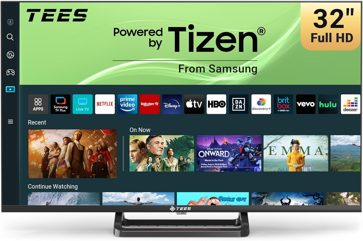 Tees 32 inch FHD Smart TV, Tizen OS 1080P Television, Full HD Central Stand with Netflix Disney+ Gaming Hub Dolby Audio, Small Center Foot for Bedroom or Kitchen, Made in the UK