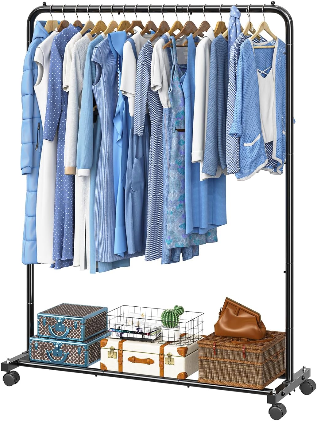 Simple Trending Clothing Rack, Portable Garment Rack, Clothes Rack, Black | Metal Frame, Bottom Shelf, 360° Lockable Wheels, Anti-Slip Stoppers, Bedroom, Laundry Room