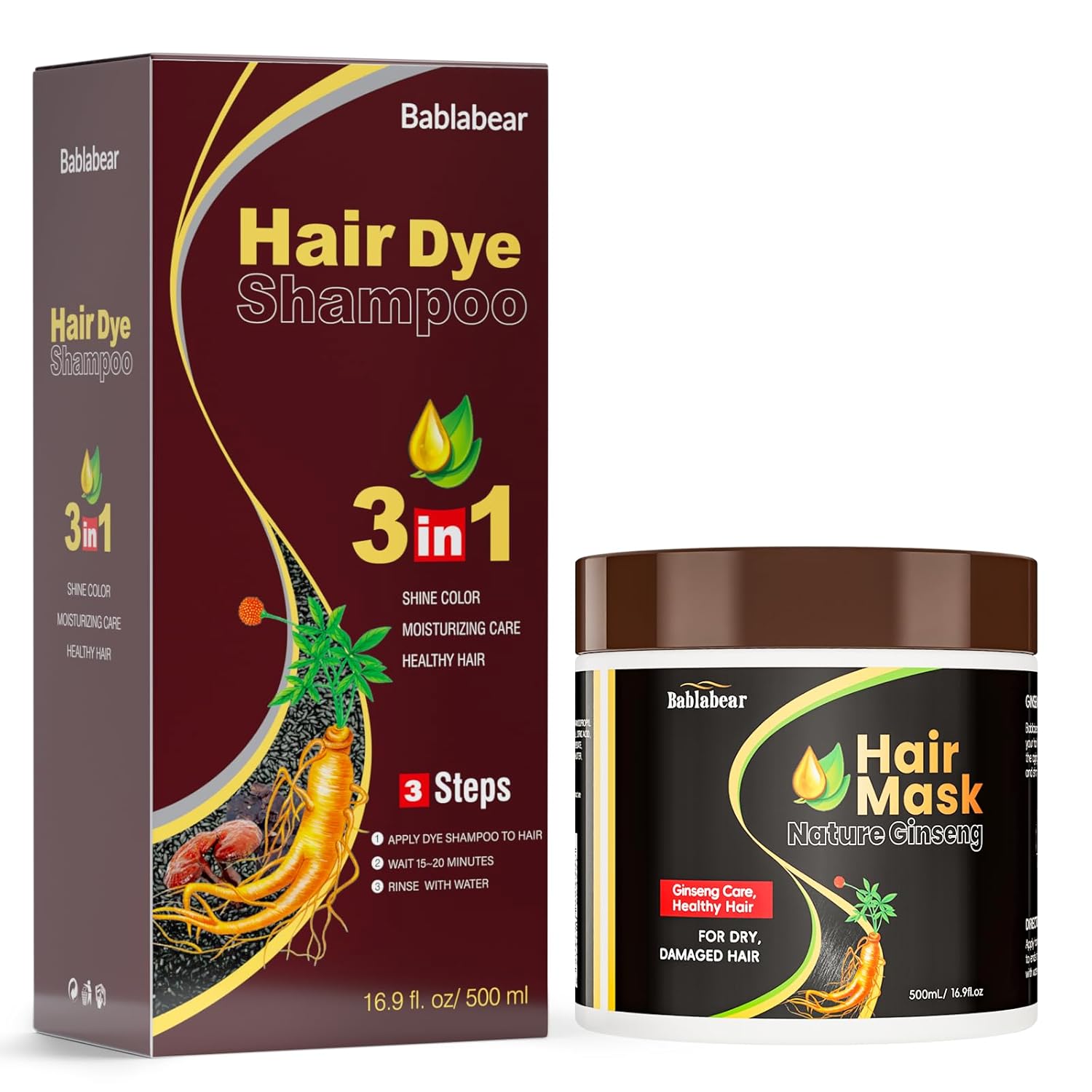 Dark Brown Hair Dye Shampoo and Hair Mask Set.