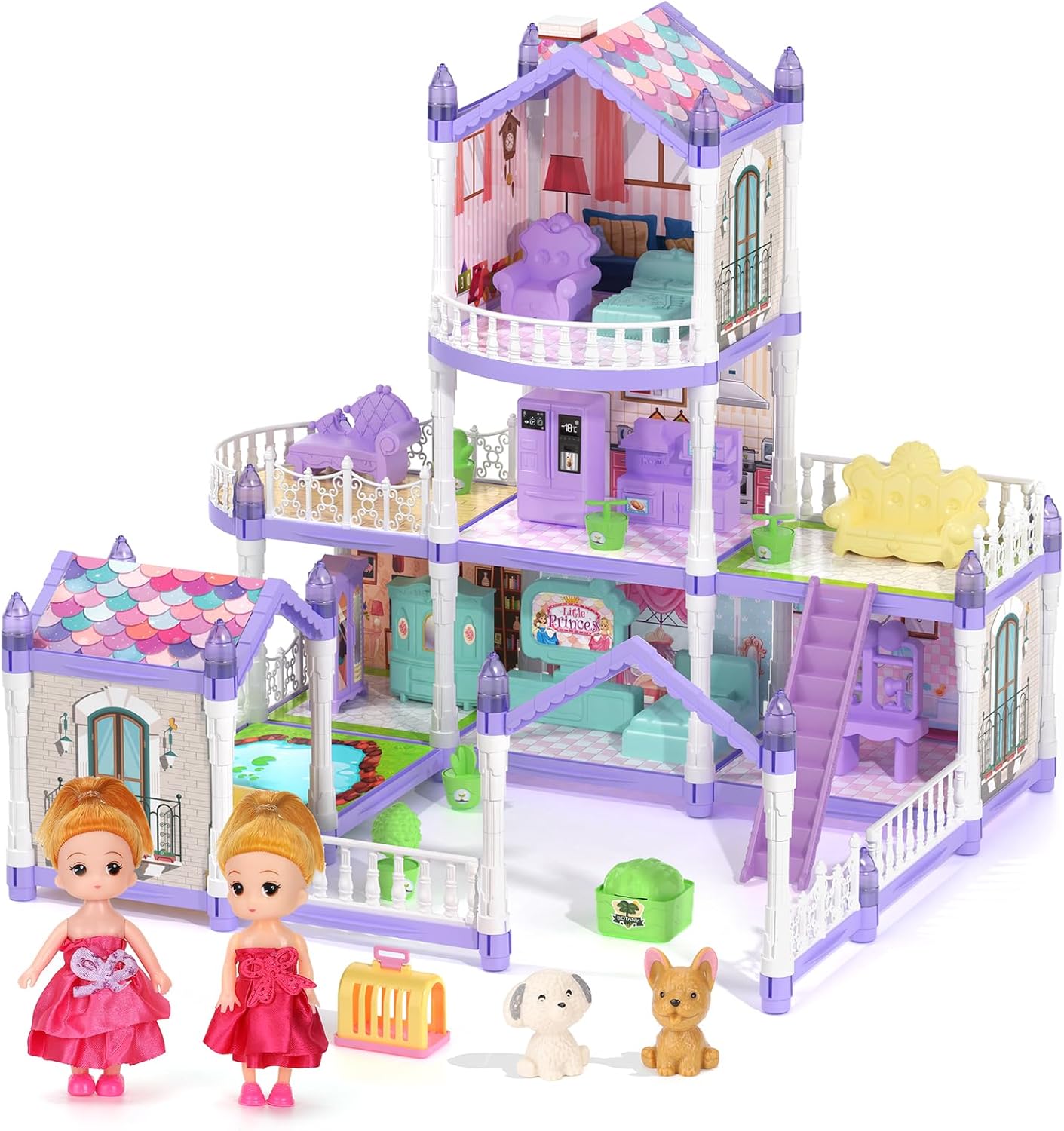Purple Dollhouse Set with 2 Dolls, Dreamy Doll House with 9 Rooms 3 Floors 2 Pets, 12 Pieces Furniture and Accessories, Birthday Princess Dollhouse for Girls for 3 to 12 Years Old