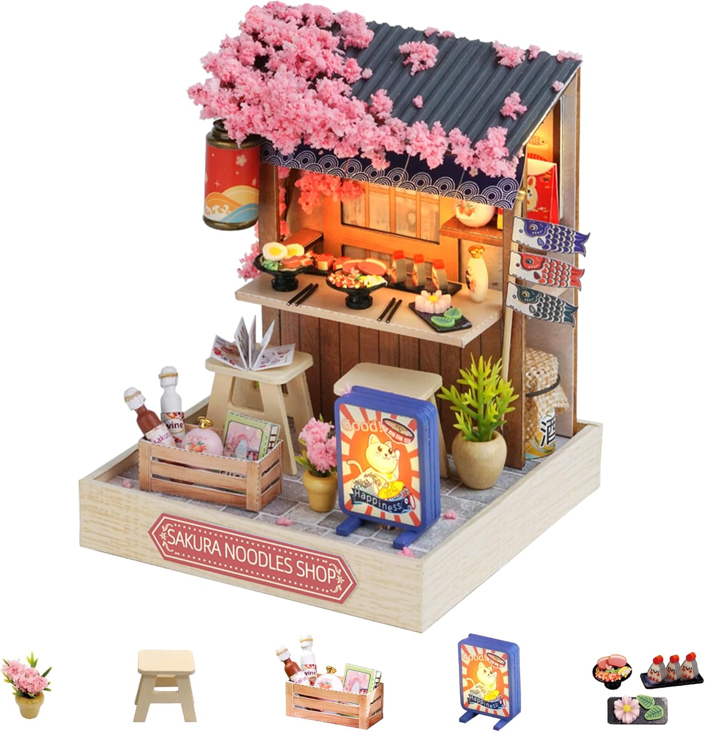 Flever Dollhouse Miniature DIY House Kit Creative Room with Furniture for Romantic Valentine's Gift (Sakura Noodles Shop)