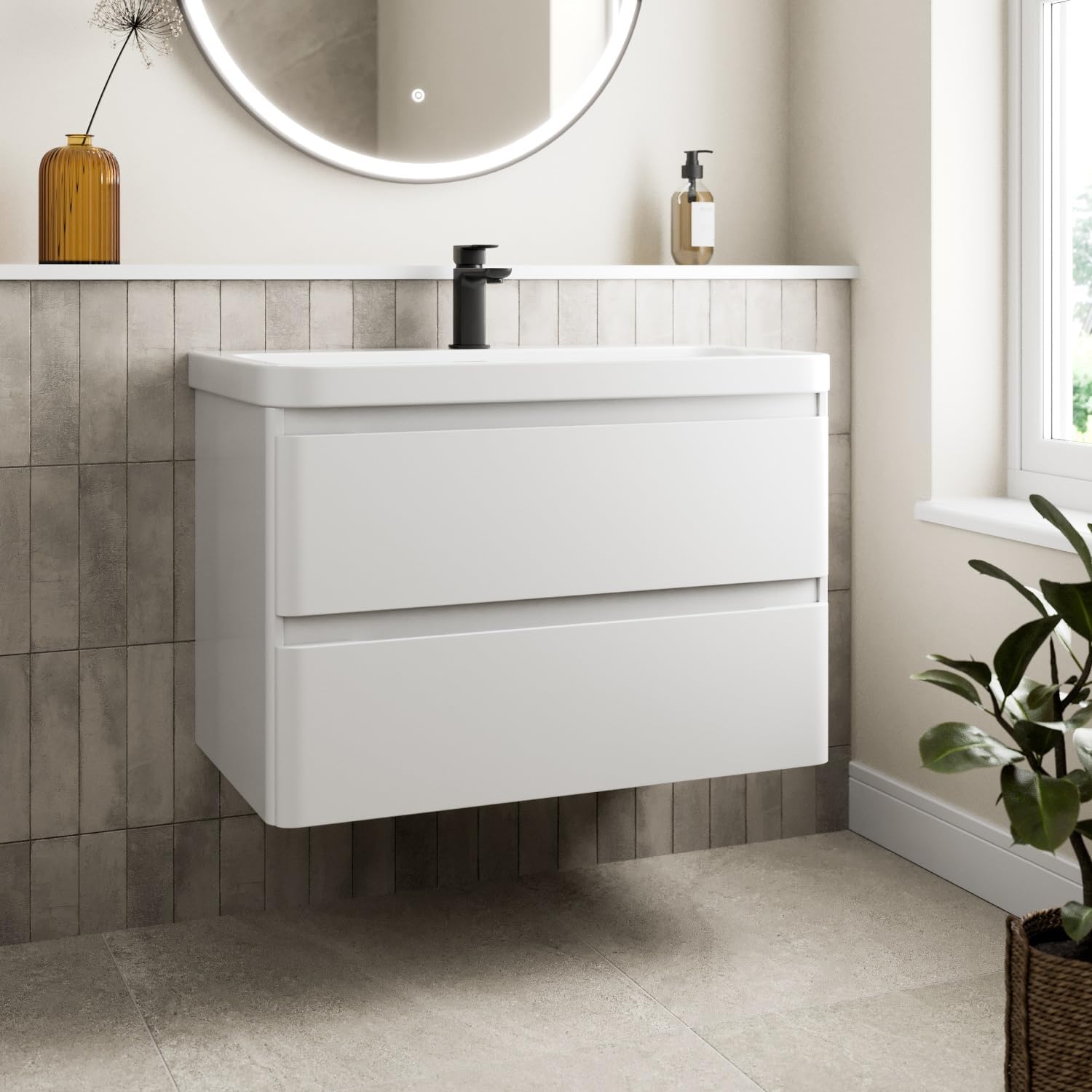 800mm Vanity Unit Wash Basin Sink Bathroom Wall Mounted Storage Cabinet Cupboard Cloakroom, Soft Close Drawers, White Gloss