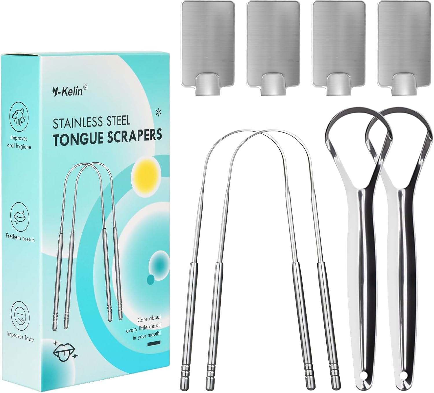 Y-Kelin 4 Pcs Stainless Steels Tongue Scrapers with Hooks, Metal Tongue Scrapers for Adults, for Oral Care, Fresh Breath and Clean Tongue（U-Shaped and Open Type）