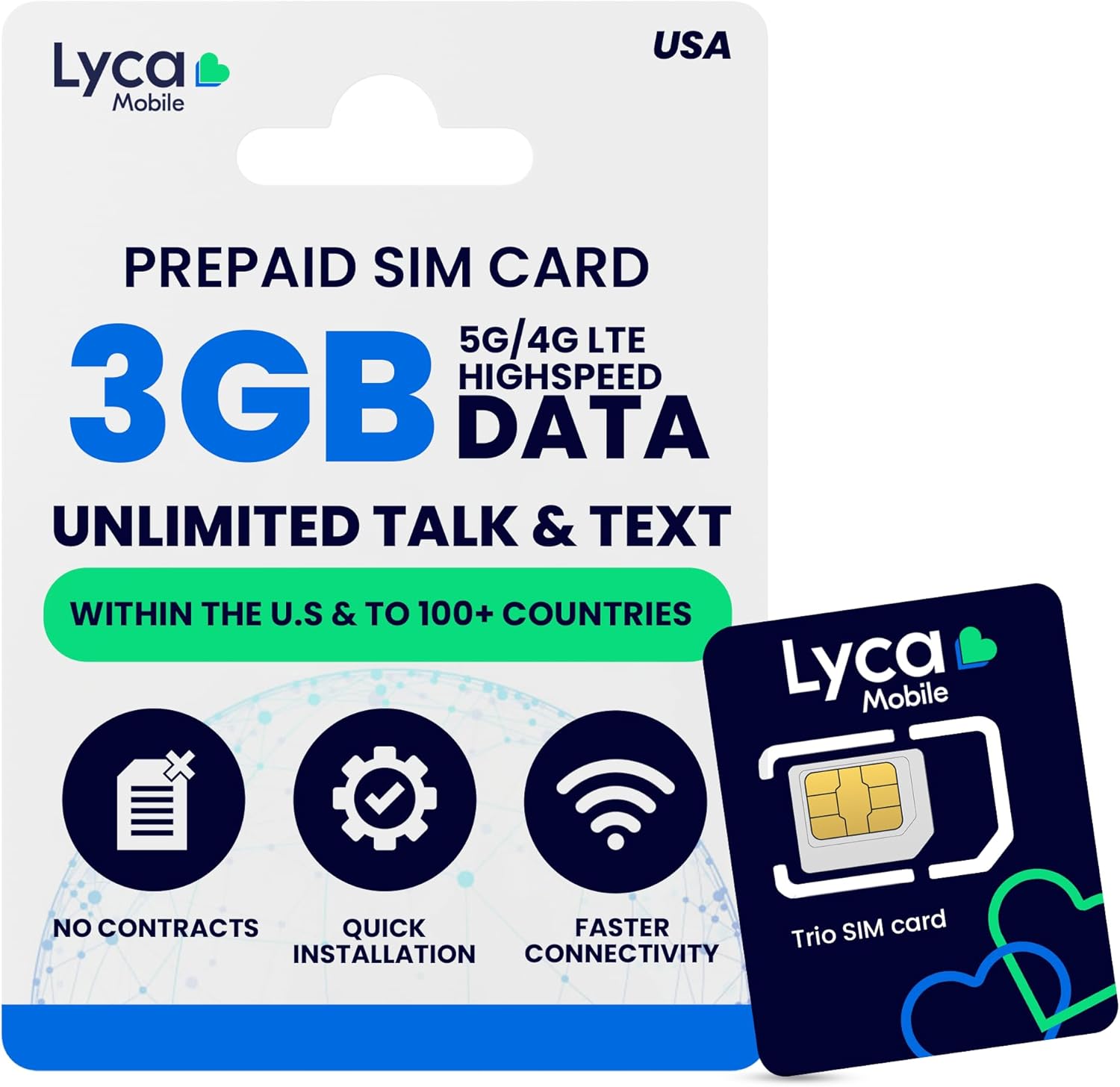 Lycamobile 30 Day USA Prepaid SIM Card for Cell Phones with 3GB High Speed 4G LTE/5G Data, International Talk & Text to 100+ Countries, Quick Activation, 3-in-1 Triple-Cut US Mobile SIM Card