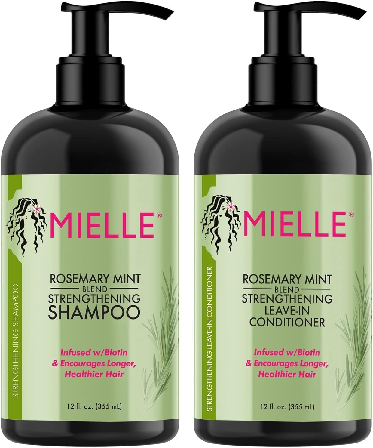 Mielle Rosemary Mint Strengthening Shampoo and Leave-In Conditioner Infused with Biotin, Cleanses and Helps Strengthen Weak and Brittle Hair, 12 Ounces