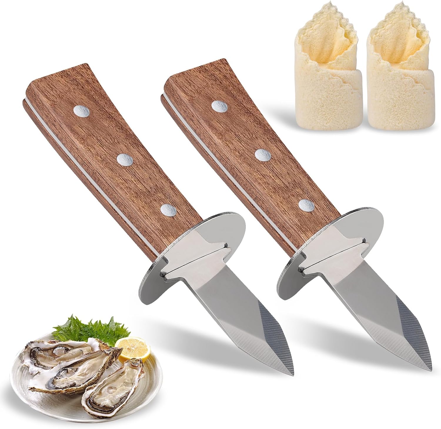 Oyster Shucking Knife, Oyster Shucker Set of 2 Stainless Steel Oyster Knifes and 2 Cloths, Oyster Opener Tool for All Kinds of Shells and Oysters