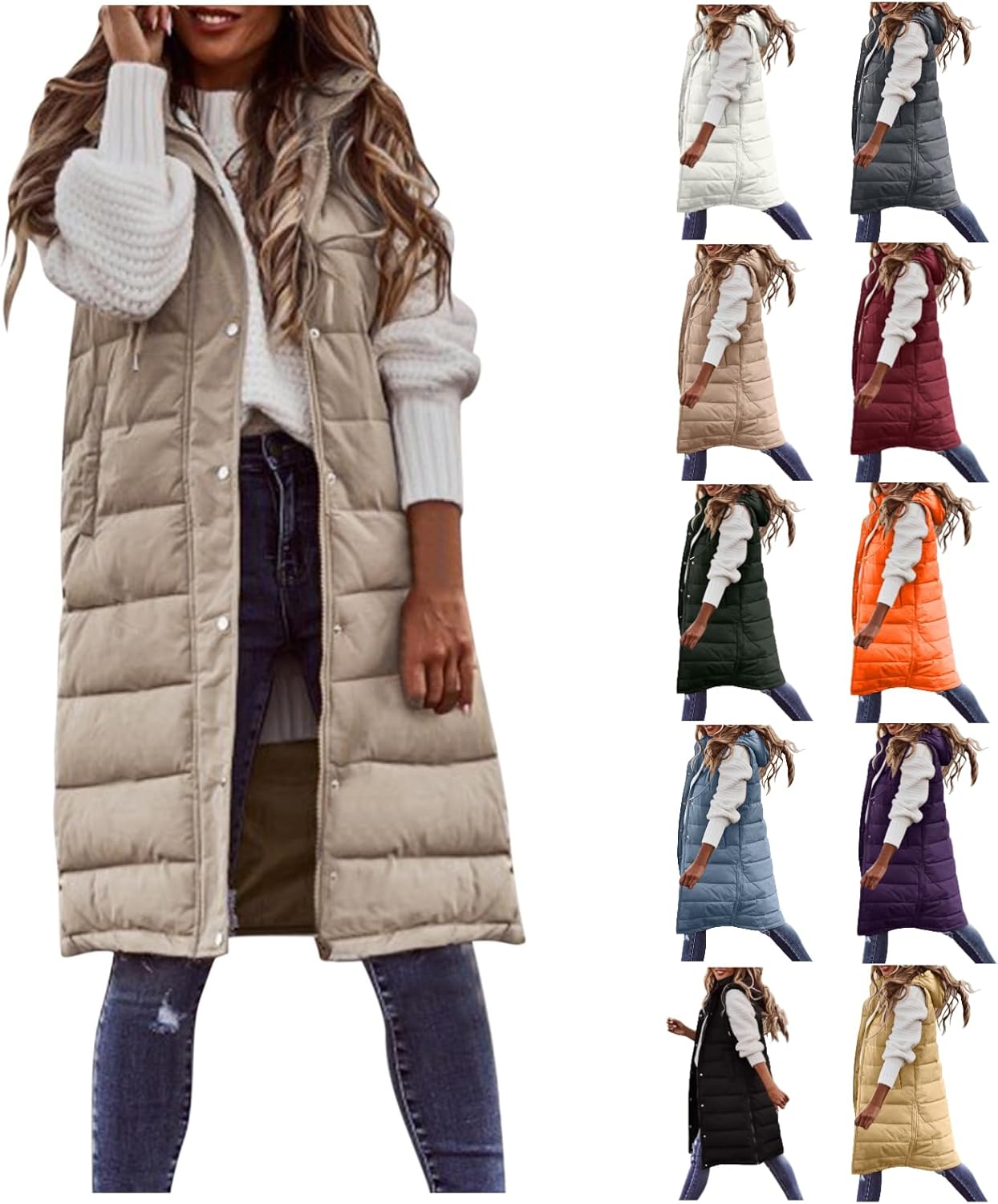 Long Puffer Vest for Women Sleeveless Lightweight Hoodies Jacket Quilted Down Vest Coat Winter Thickened Warm Outwear