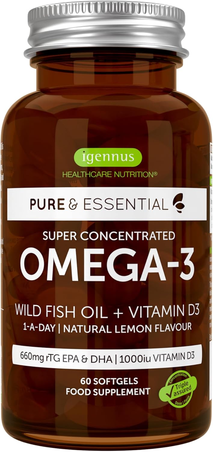 Igennus Advanced Omega-3 Fish Oil & D3 1000iu, 1-a-Day 60 Servings, IFOS Certified, rTG Triglyceride Form, Fast-Acting, EPA DHA Fatty Acids, Ultra Pure, Natural Lemon Flavour