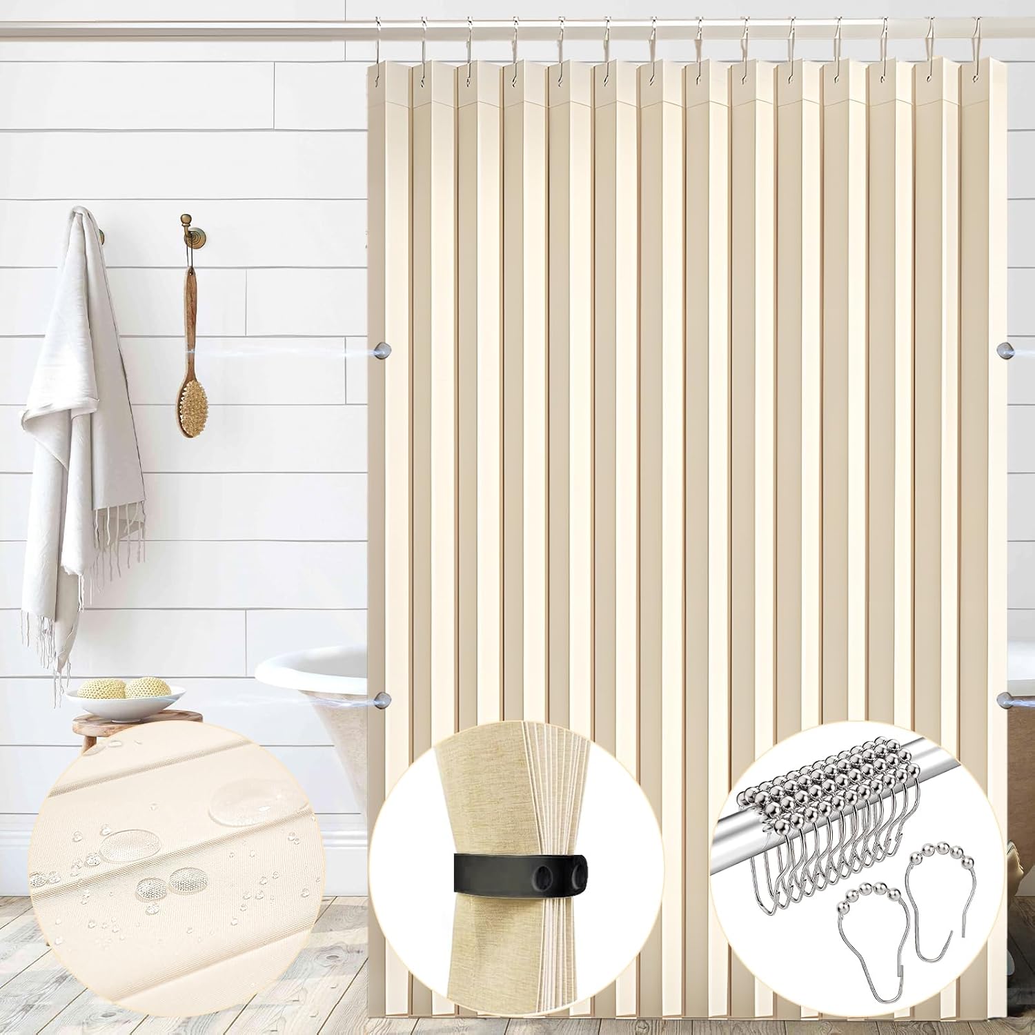 South to East Waterproof Shower Curtain, Heavy Duty Magnetic Folding Linen Shower Curtain, Non-Toxic, 72x72 Magnetic Fabric Bathroom Curtain Sets, Beige