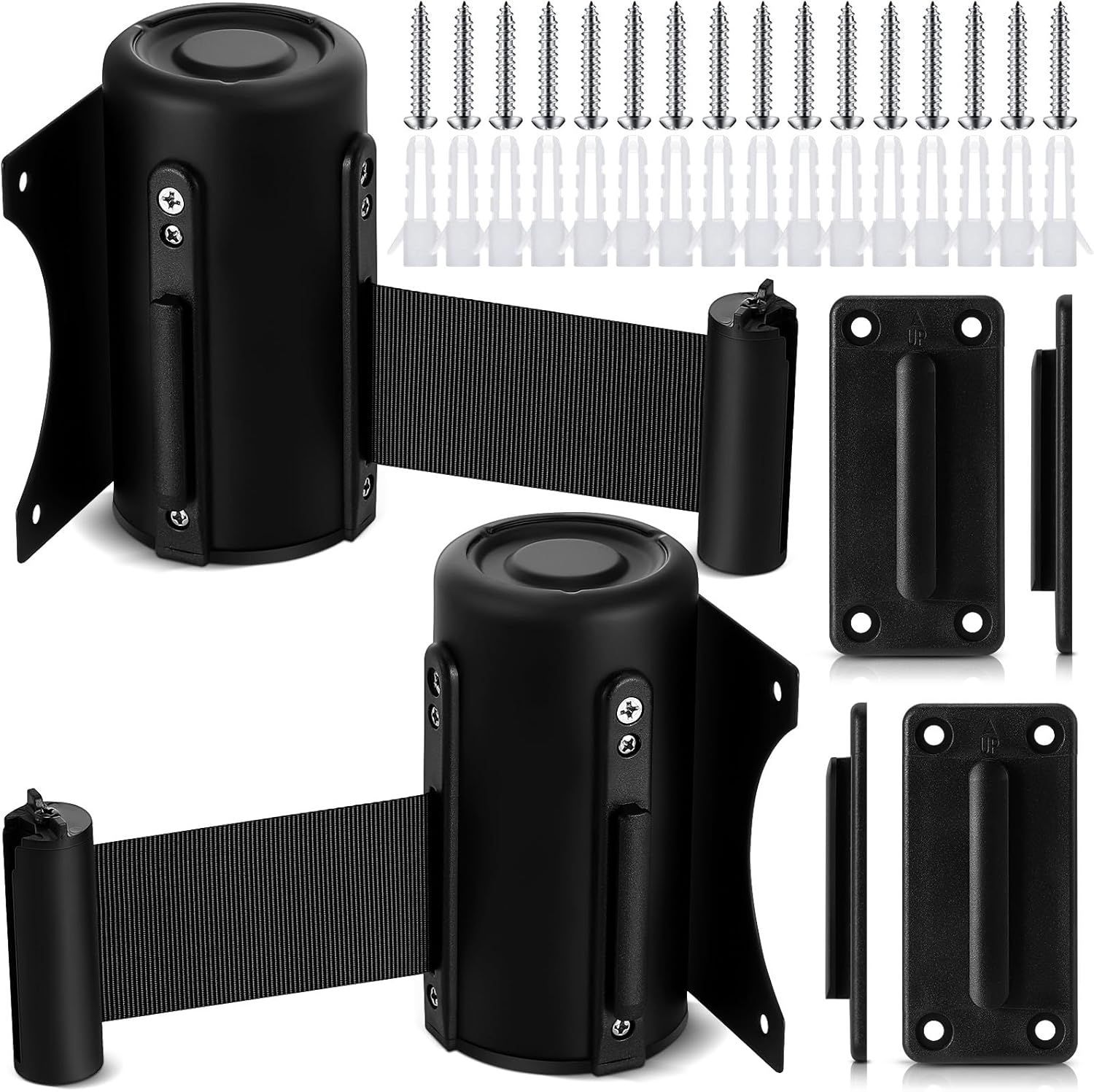 Thyle 2 Pieces Wall Mounted Retractable Belt Barrier Wall Mount Caution Belt with 10 Feet Black Belt Crowd Control Barriers Rope Safety Barriers for Indoor Outdoor Grocery Retail Store Stadium School