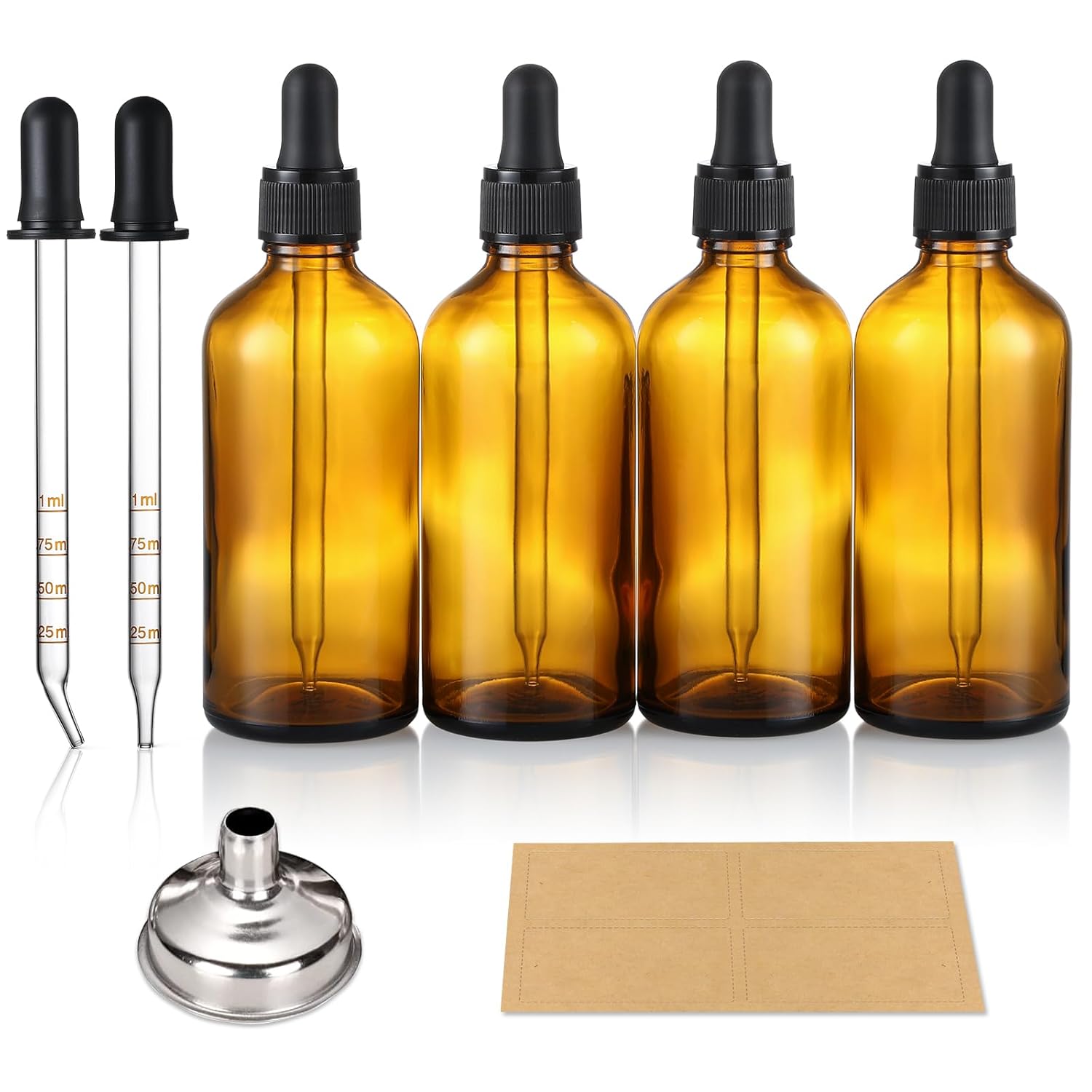 4 Pack, 100ml Dropper Bottles with 2pcs Glass Pipettes(1ml) - Essential Oils Bottles for Health, Personal Care & Beauty - 3.4oz Thick Dark Amber Glass Tincture Bottle with Eye Droppers, Leakproof