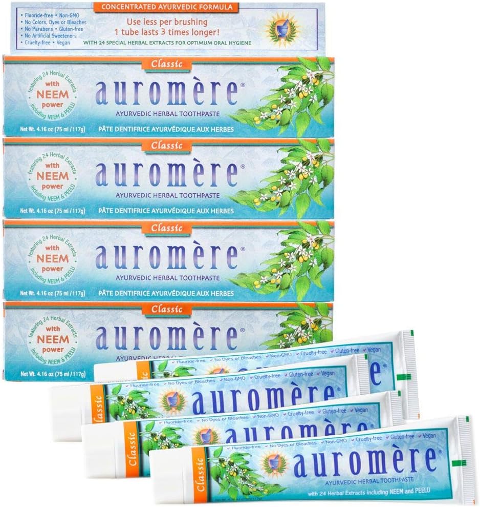 Auromere Ayurvedic Herbal Toothpaste, Classic Licorice Flavor - Vegan, Natural, Non GMO, Fluoride Free, Gluten Free, with Neem & Peelu (4.16 oz), 4 Pack