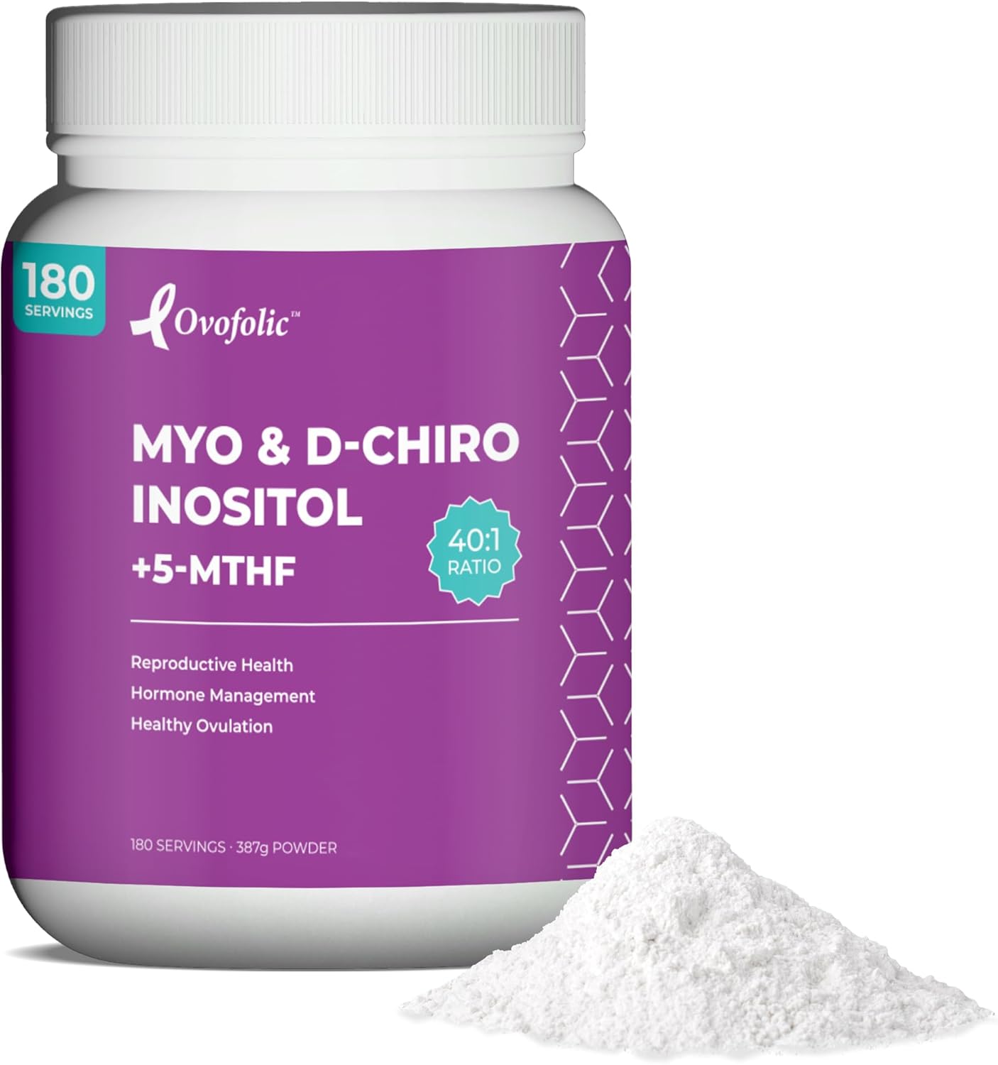 Inositol Supplement - Myo-Inositol and D-Chiro Inositol Plus Active Folate- Ideal 40:1 Ratio - Hormone Balance (180 Servings, 387g Jar)