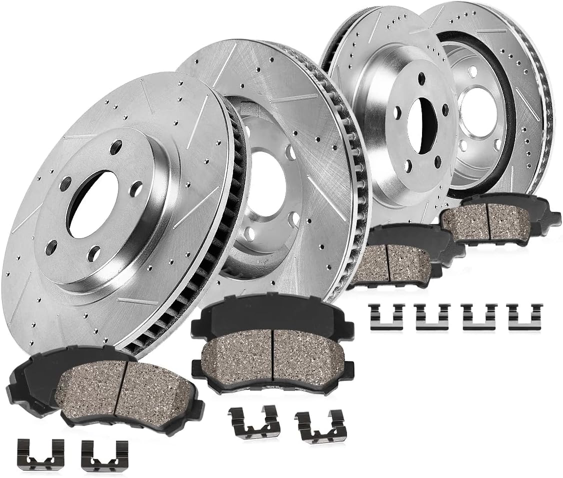 Callahan BRAKE PARTS Front and Rear Drilled Slotted Brake Disc Rotors and Ceramic Brake Pads + Hardware Brake Kit For 2015 Audi Q3 Q3 Quattro | 2012 - 2017 VW Volkswagen Tiguan