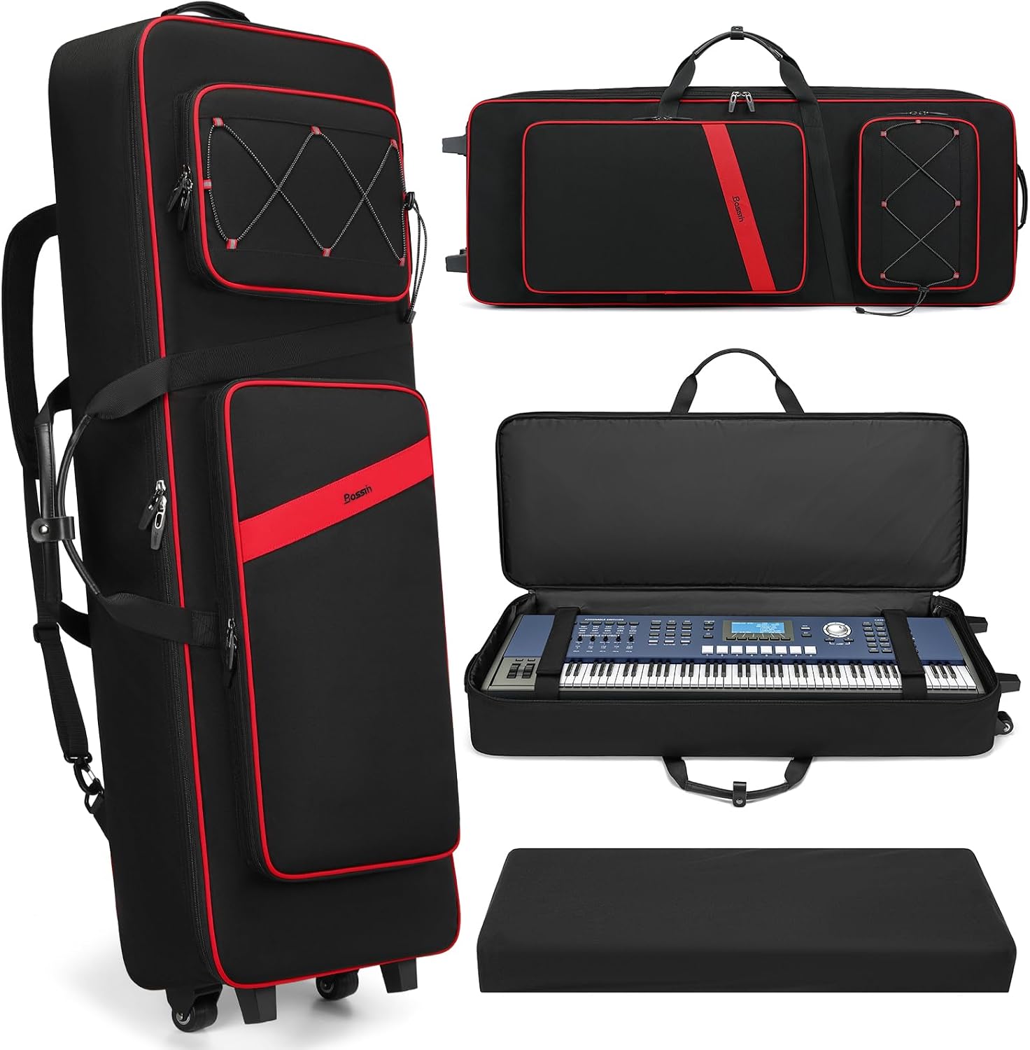 BOSSTIN 61 Key Keyboard Case with Wheels, Rolling Piano Gig Bag, Red