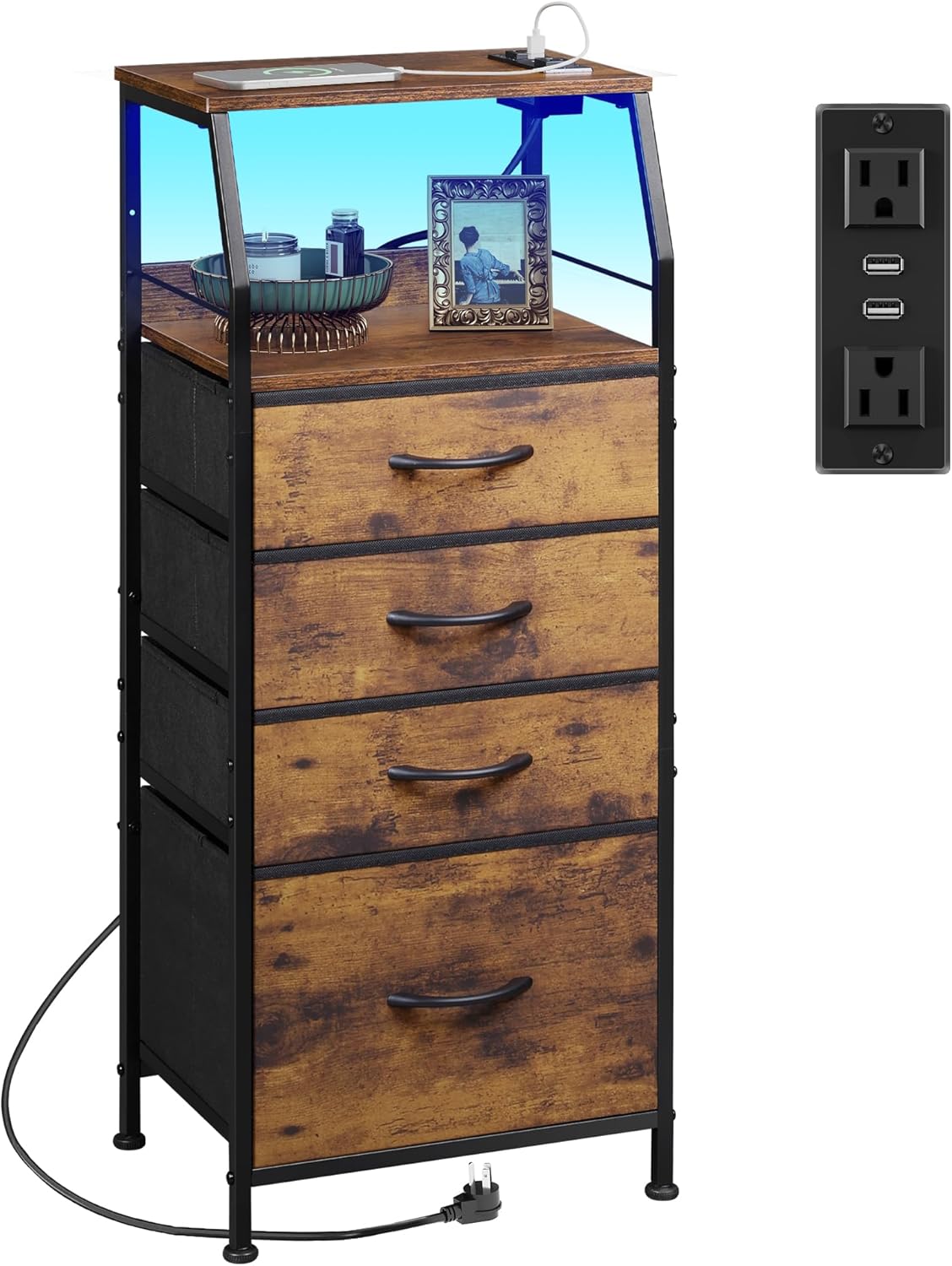 WLIVE 4 Drawer Dresser for Bedroom, Nightstand with Charging Station and Led Light, Tall Night Stand Bed Side Table, End Table with USB Ports and Outlets, Fabric Bins, Wood Shelf, Rustic Brown