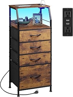 WLIVE 4 Drawer Dresser for Bedroom, Nightstand with Charging Station and Led Light, Tall Night Stand Bed Side Table, End Table with USB Ports and Outlets, Fabric Bins, Wood Shelf, Rustic Brown