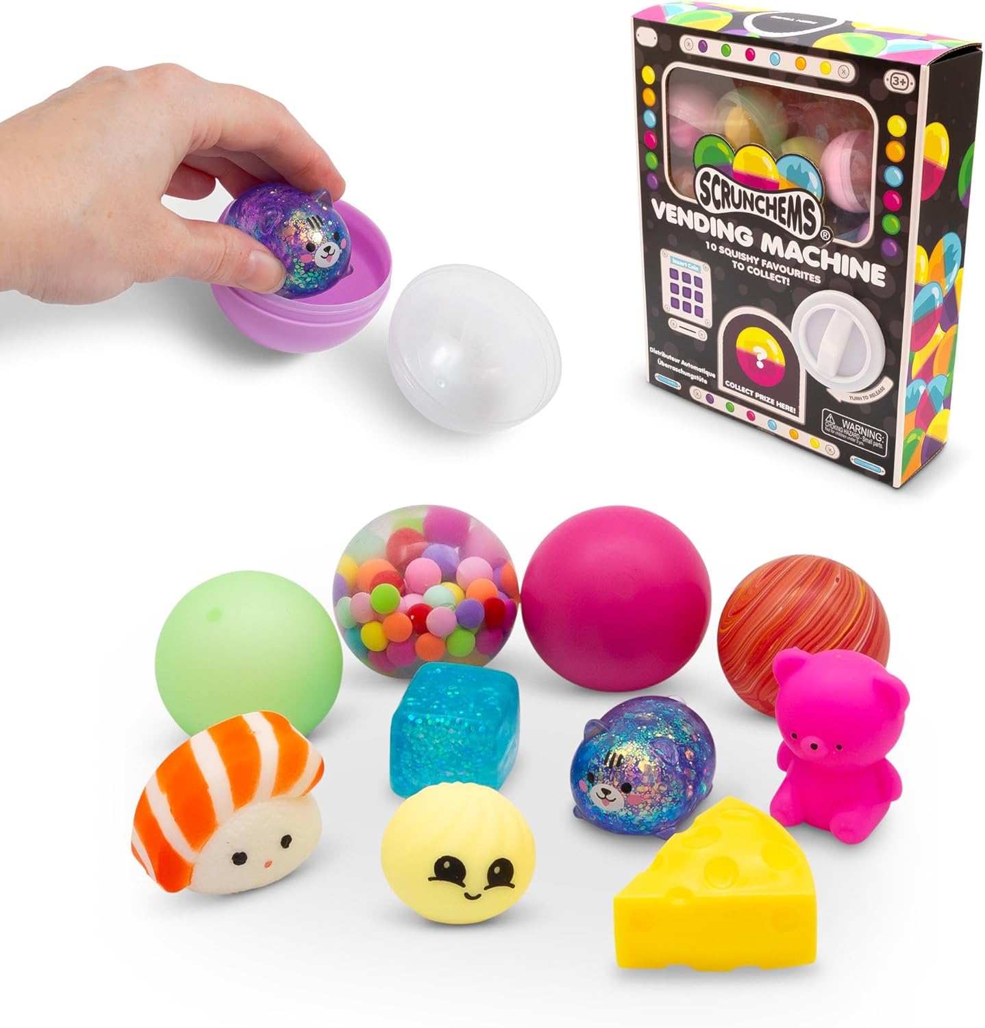 Scrunchems Vending Machine Toy Set with 10 Surprise Collectible Pieces, Kids Fun Dispenser Machine with Squishy Characters For Boys and Girls Ages 3+