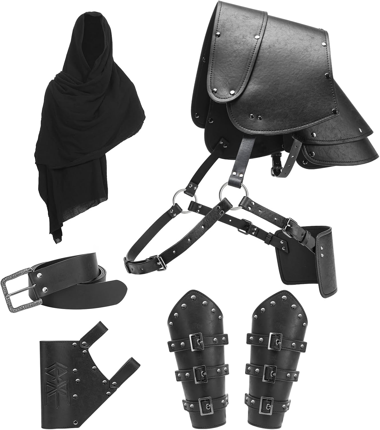 Berenlu Mens Renaissance Costume Set Medieval Belt Shoulder Armor Leather Bracers Shawl Viking LARP Cosplay Accessories