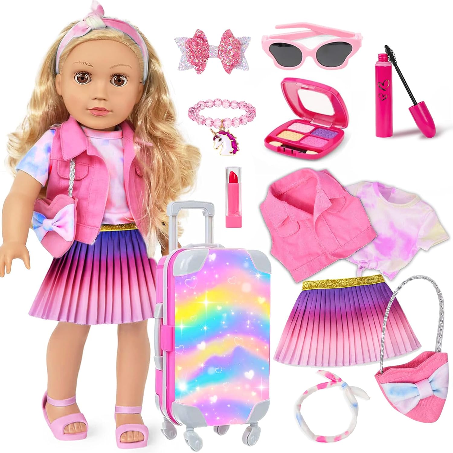 American 18 Inch Doll Clothes and Makeup Accessories Set, Include Suitcase Clothes Bag Hairband Eyeshadow Mascara Brush Lipstick Bracelet Sunglasses Hair Clips (Doll and Shoes NOT Included)