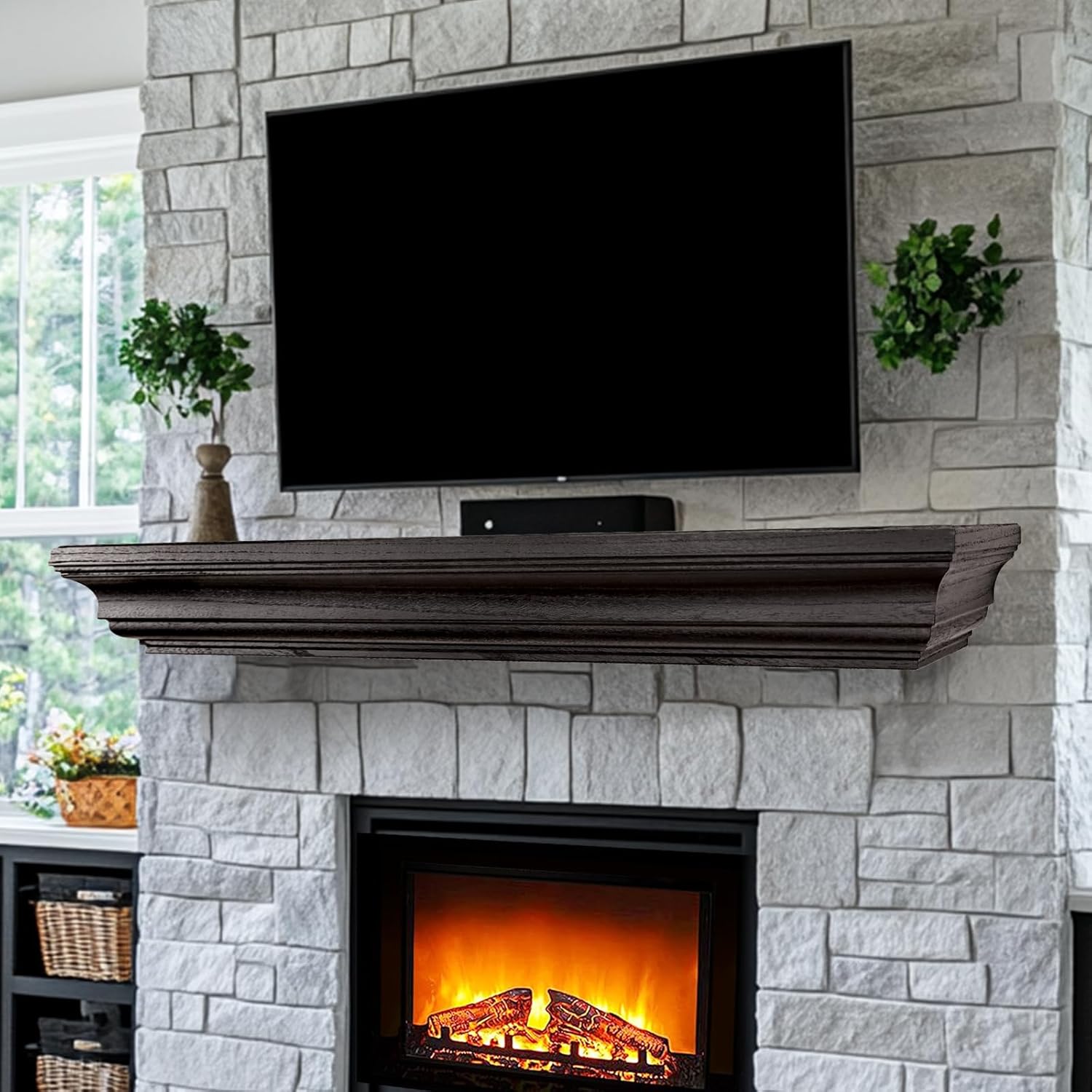 Rustic Fireplace Mantel Shelf, 60" Wooden Floating Shelf for Over Fireplace, Wall Mounted Fire Place Mantel, Farmhouse Hanging Floating Shelves, Black