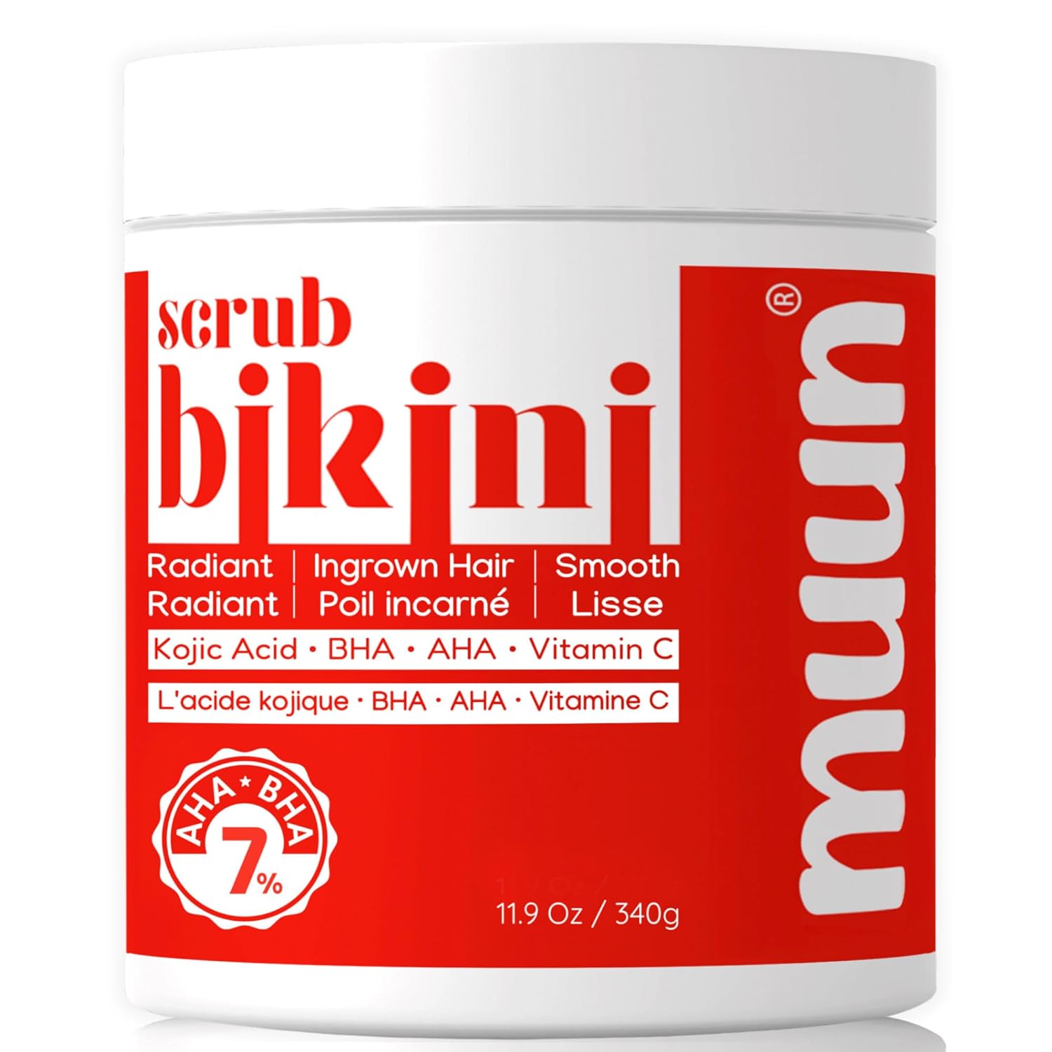 Muun Bikini Area Exfoliator, 2% Kojic Acid Vitamin C & 7% AHA/BHA Even Skin Tone & Ingrown Hair - Underarm Scrub - Radian, Smoothe & Soften Body Scrub