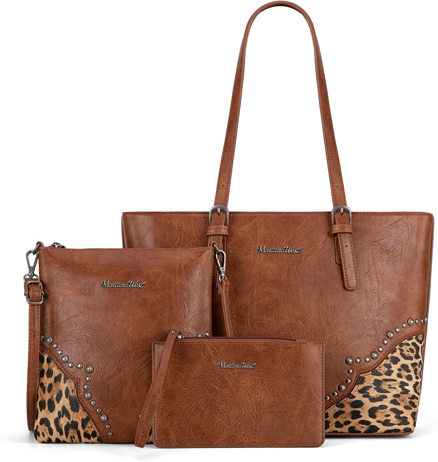 Montana West 3Pcs Tote Bag and Wallet Set Leopard Print Purses for Women Crossbody Satchel Handbags