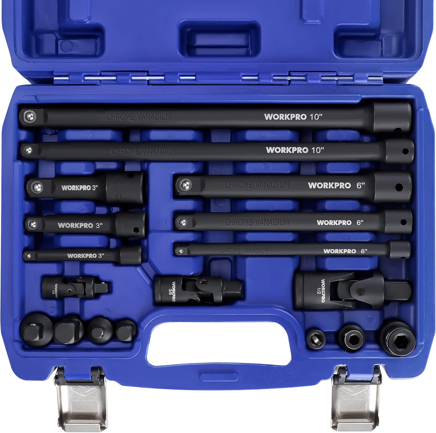 WORKPRO 18-Pieces Drive Tool Accessory Set, Includes Socket Adapters, Socket Extension Bar, Swivel Universal Joints and Impact Coupler, 1/4", 3/8" & 1/2" Drive