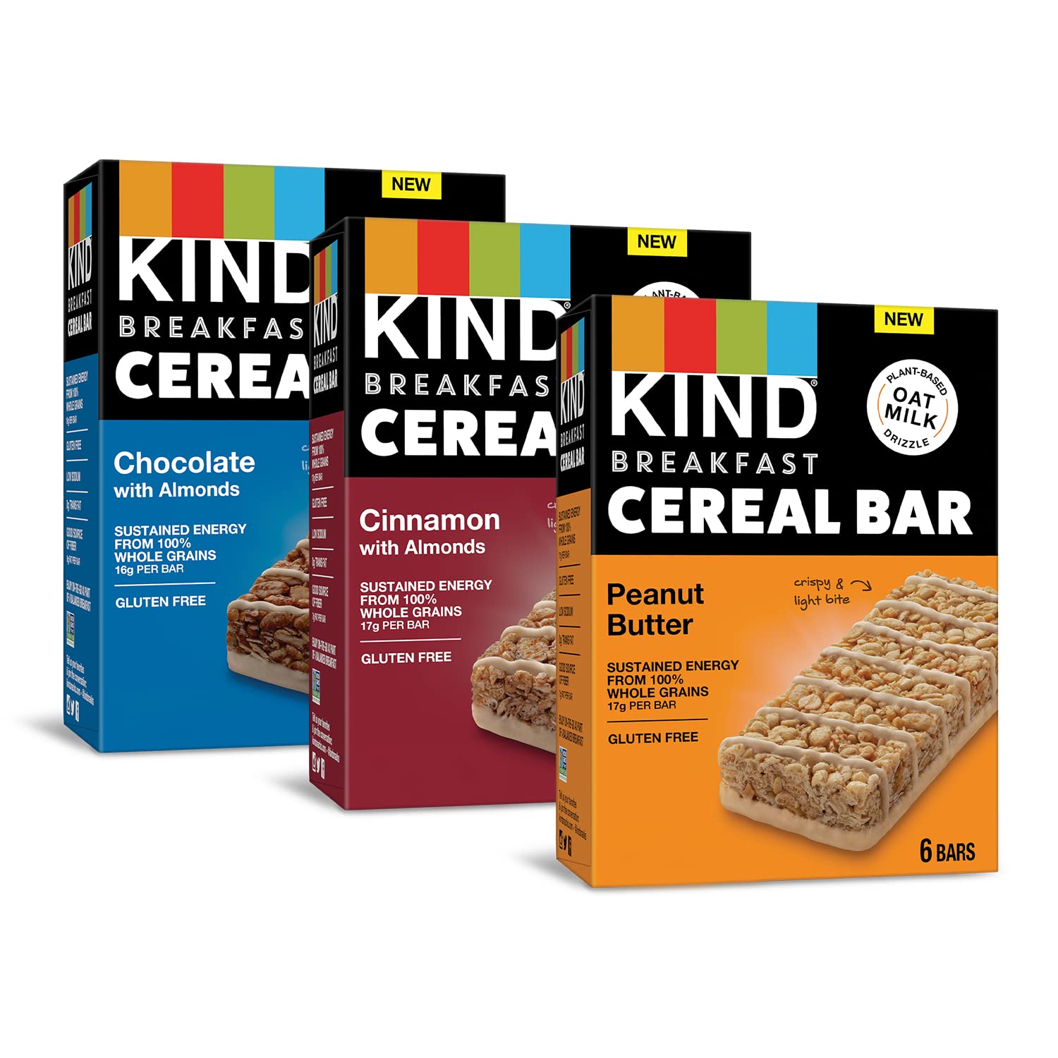 KIND Cereal Breakfast Bars, Variety Pack, Chocolate with Almonds, Peanut Butter, Cinnamon with Almonds, Healthy Snacks, Gluten Free, 18 Count