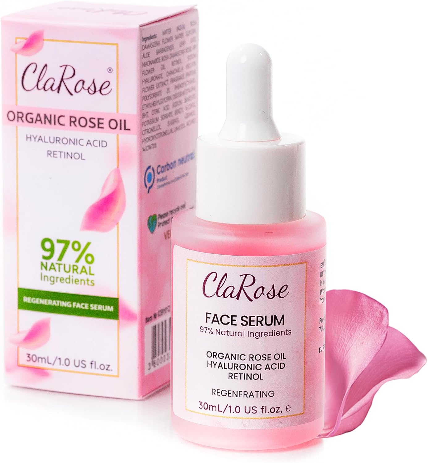 ClaRose Hyaluronic acid Anti-ageing Face Serum with Organic Rose oil and Retinol made with 97% natural ingredients, 30ml
