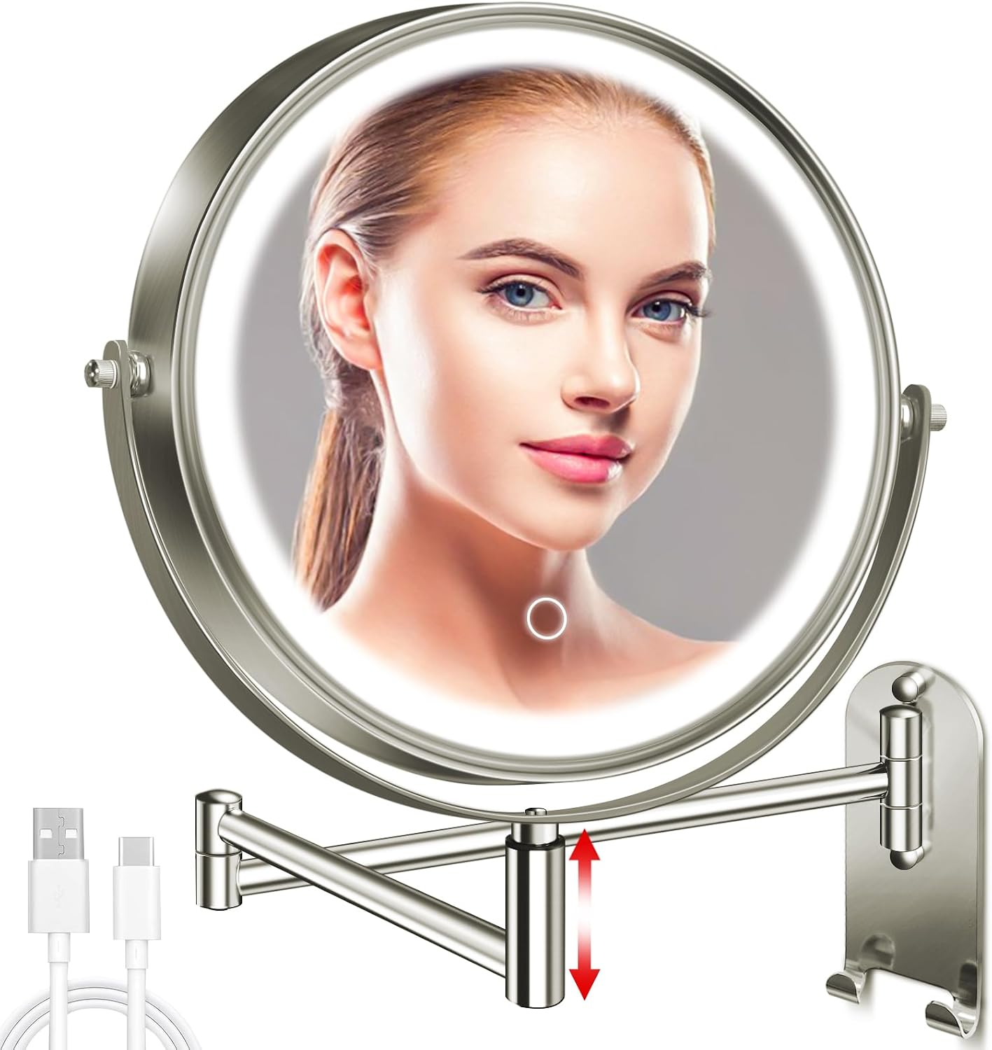 8" Wall Mounted Lighted Makeup Mirror, 3000mAh Rechargeable Double Sided 1X/10X Magnifying Mirror with Hook, 3 Color Lights Touch Dimmable 360° Rotation Vanity Mirror for Bathroom