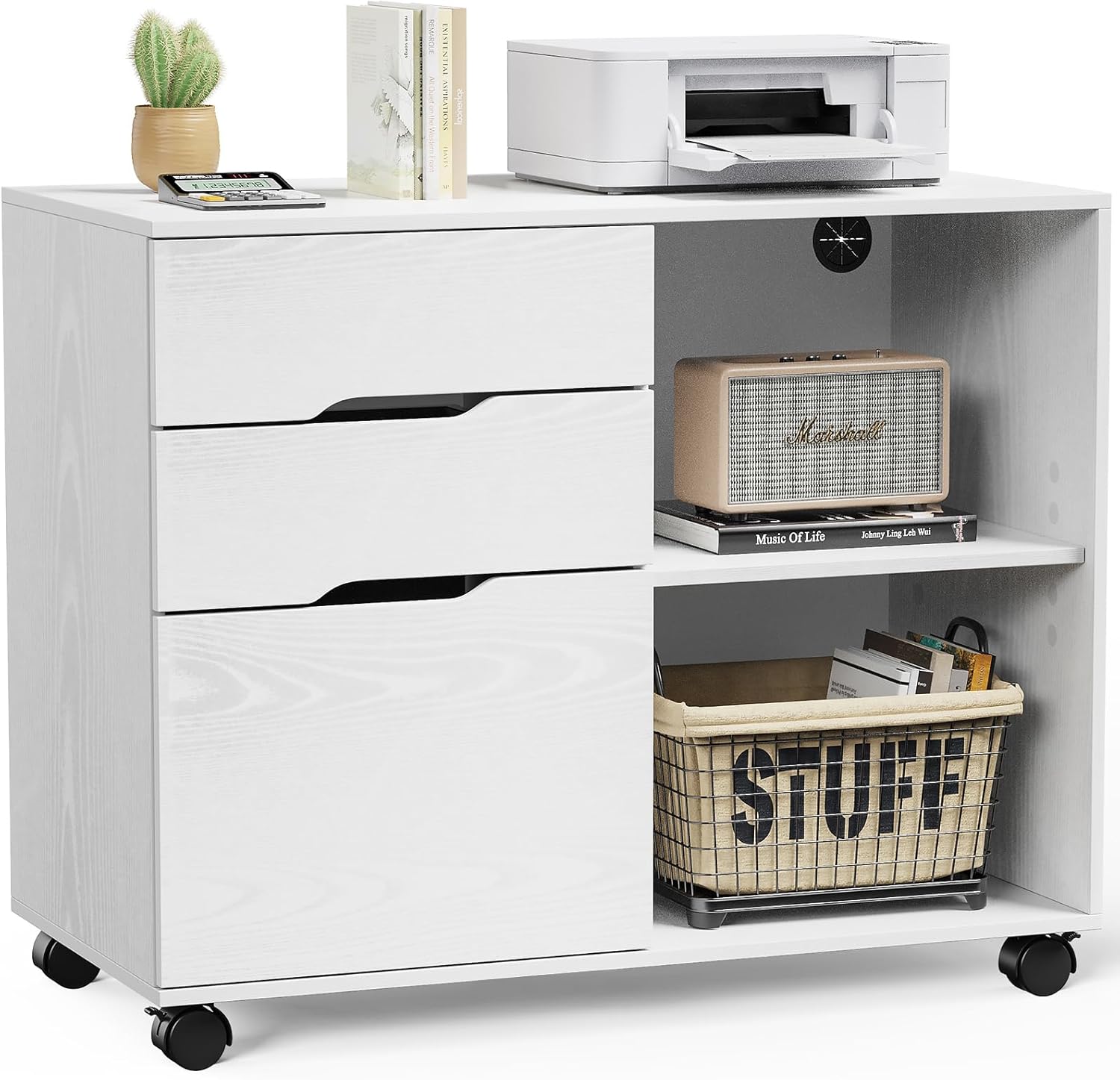 Sweetcrispy 3-Drawer File Cabinet, Lateral Mobile Filing Under Desk Storage Organizer with Wheels, Wood Printer Stand & Open Shelves for Home Office Organization - Natural White