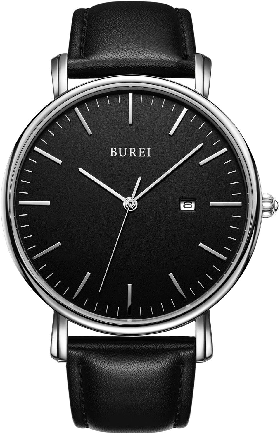 BUREI Men Watches Brown Leather Fashion Minimalist Wrist Watch Simple Ultra Thin Waterproof Quartz Watches All Black Stainless Steel Mesh Band,Gift for Men Women