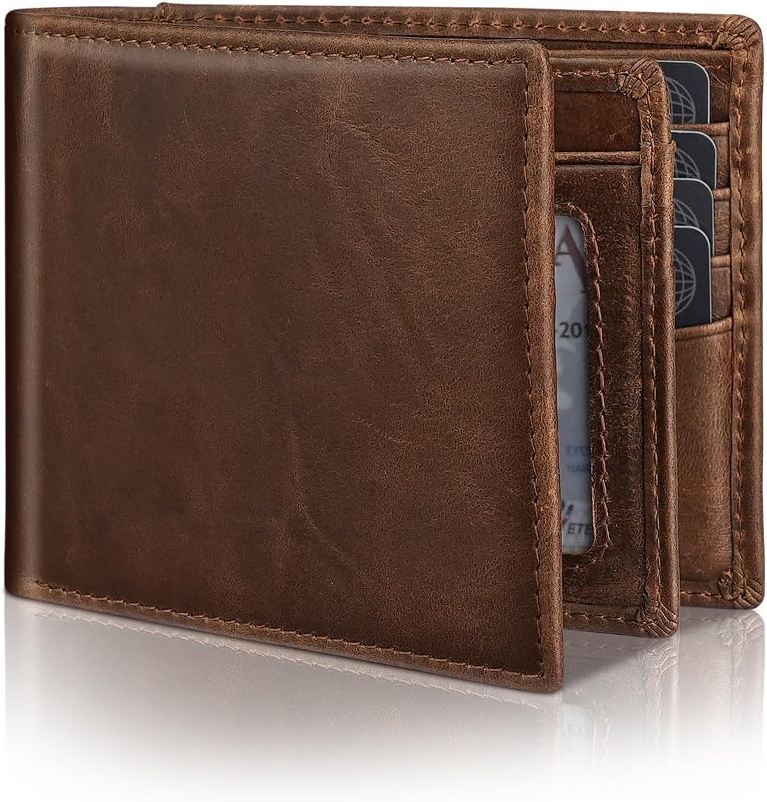 Mens Genuine Leather Bifold RFID Blocking Wallet with 14 Card Slots, ID Window & 2 Cash Pocket - Includes Gift Box
