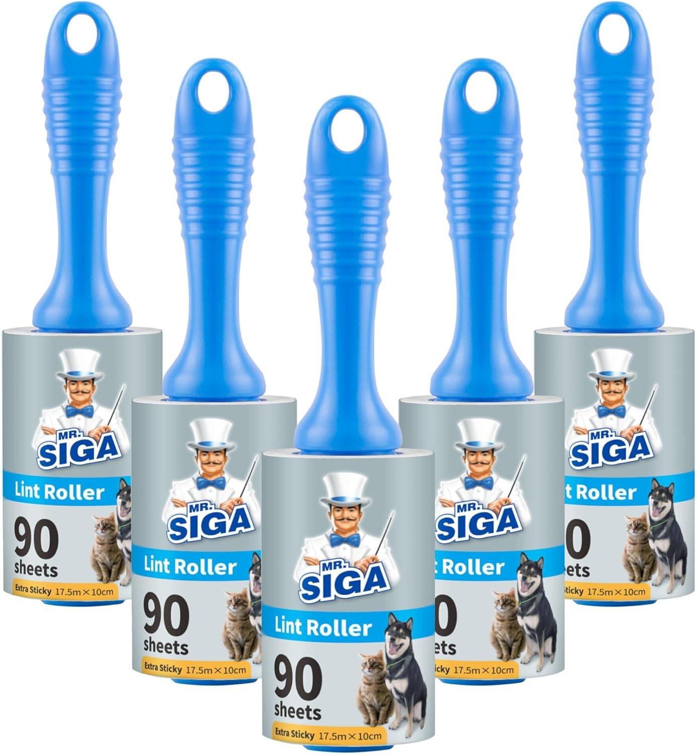 MR.SIGA Extra Sticky Lint Roller Pet Hair Remover with Easy Tear Sheets, 450 Sheets in Total, 5-Pack, Blue